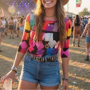 Snoskins Abstract Rainbow Watercolor Art Print Top Psychedelic Bright Dopamine